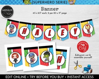 EDITABLE Superhero Pennant Banner Superhero Birthday Banner Instant Download Superhero Party Decorations Superhero Printable Banner SHAV