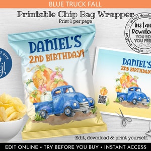 Editable Blue Truck Chip Bag Wrapper Printable Little Pumpkin Chip Bag Template Blue Truck Fall Party Supplies Blue Truck Favor Snacks LBT