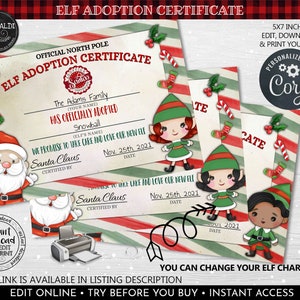 Editable Elf Adoption Certificate Printable Santa's Official Adopt an Elf Certificate Instant Download Christmas Elf Certificate 1 CH