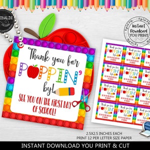Back to School Gift Tag Open House Pop Toy Fidget Favor Tag Thank you for Poppin&#39; by Tag Printable Meet the Teacher First day School Tag TA