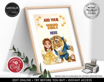 May include: Printable digital download featuring Belle and the Beast from Disney's Beauty and the Beast. The image is in a light brown frame with the text "ADD YOUR TEXT HERE" in a gold frame. The image is suitable for printing at home or at a print shop.