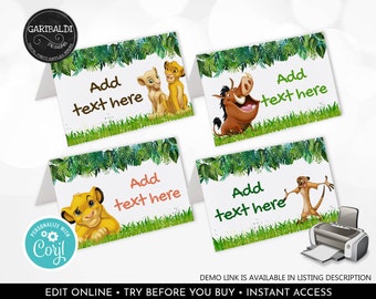 Editable Lion King Food Labels Baby Lion Buffet Tent Cards Printable Place Cards Safari Party Animals Jungle Birthday Digital Download DLK