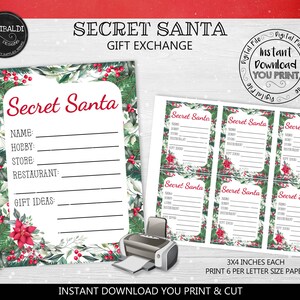 Secret Santa Questionnaire Card Secret Santa Printable Cards Secret Santa Gift Exchange Wish List Form Gift Exchange Wish List Info Card SSC