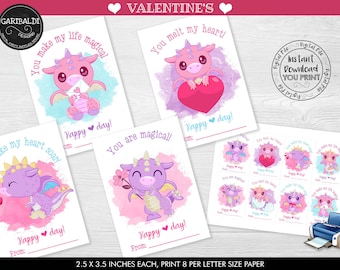 Printable Dragons Valentine Cards Kids Valentine Cards School Valentine Cards Class Valentine's Day Cards Dragons Valentine Favor Tags VL