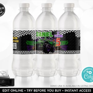 May include: Three clear plastic water bottles with black and white checkered labels. The labels feature a monster truck design with the text "Monster Truck Smash & Crash", "Daniel is turning 5", and "Monster Truck Smash & Crash".