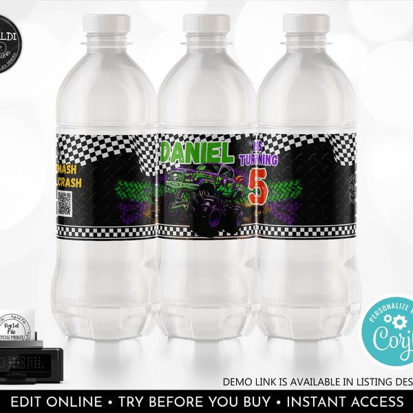 Editable Monster Truck Water Bottle Labels Monster Truck Birthday Party Favors Monster Truck Party Decor Printable Digital Download Corjl MT