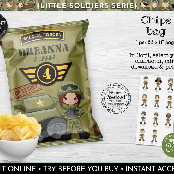 Editable Army Chip Bag Wrapper Solider Chip Bag Template Instant Download Military Birthday Party Supplies Printable Camo Favor Snacks 2 SA