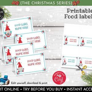 Editable Christmas Food Labels Instant Download Christmas Place Cards Gnomes Food Cards Holidays Buffet Labels Christmas Gnomes Tags CH20