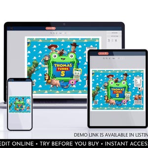 K&ouml;nnte beinhalten: Eine digitale Party-Zubeh&ouml;r-Vorlage, die auf einem Laptop, Tablet und Smartphone angezeigt wird. Das Design zeigt einen blauen Hintergrund mit Wolkenmuster, Toy Story-Figuren und einen gr&uuml;nen Froschrahmen mit dem Text Thomas Turns 5.