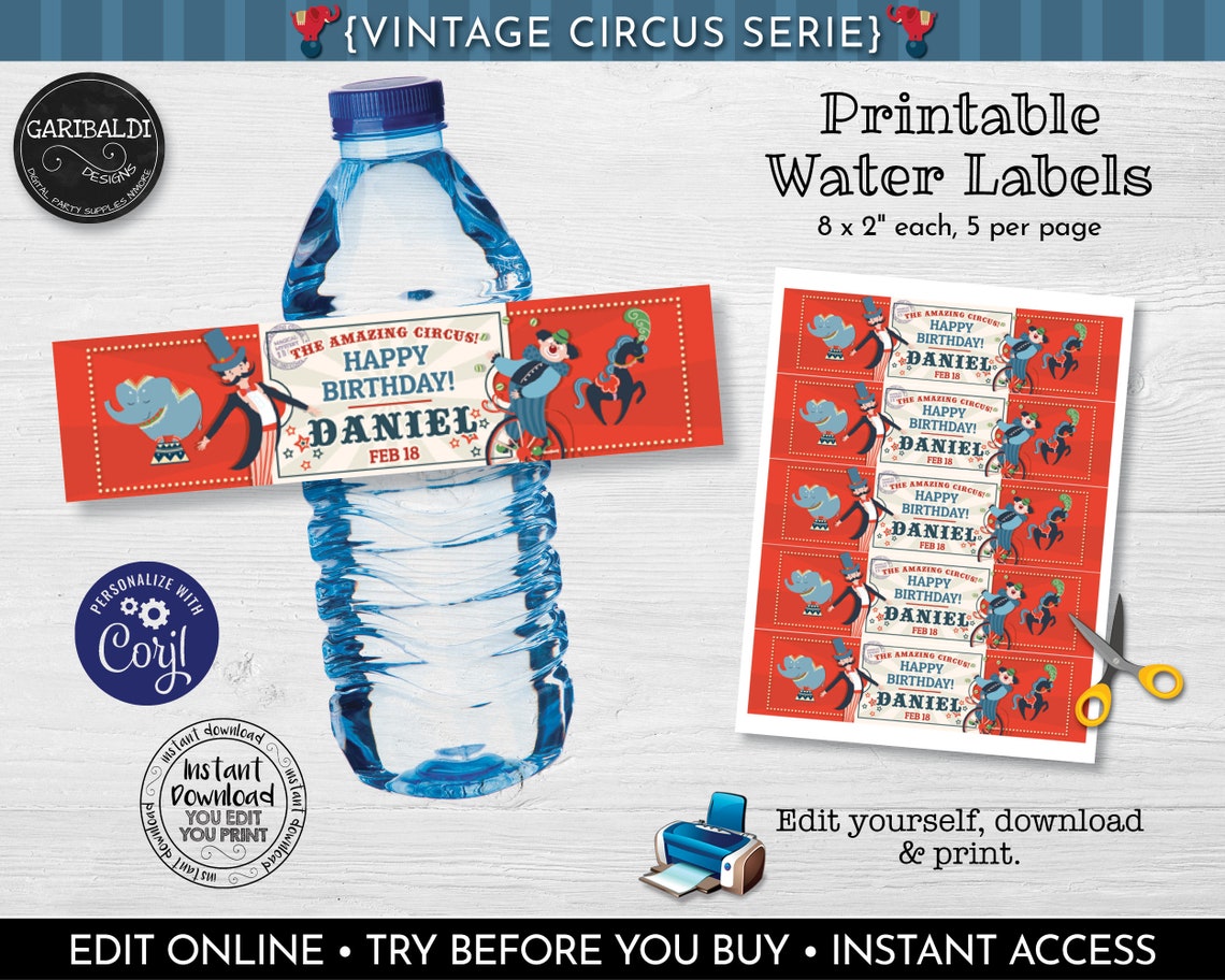 Editable Circus Water Bottle Labels Printable Vintage Circus - Etsy