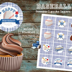 野球カップケーキトッパー、野球カップケーキトッパー、野球パーティーデコレーション、野球誕生日パーティー、野球カップケーキ印刷可能