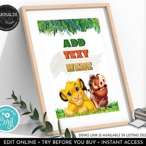 Editable Lion King Party Sign Safari Lion Birthday Party Table Decor Jungle Party Animals Printable Baby Lion Welcome Sign Custom Sign 2 DLK
