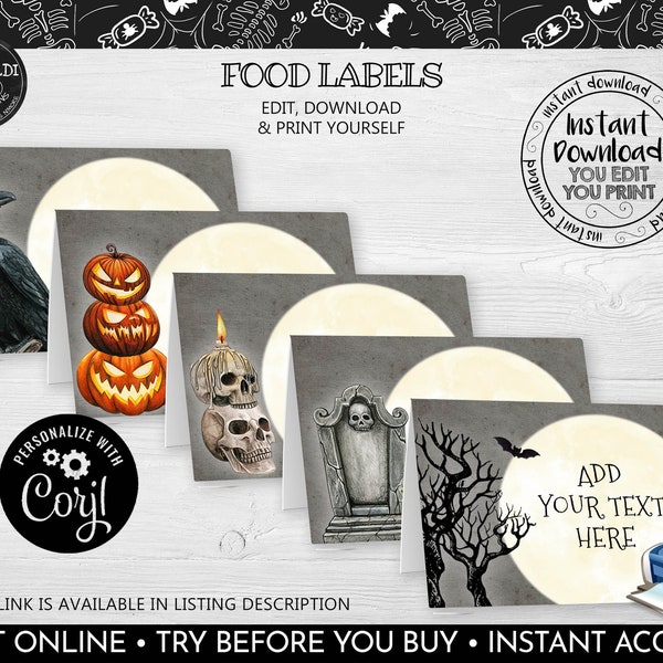 Editable Halloween Food Labels Instant Download Halloween Place Cards Halloween Party Buffet Cards Haunted Party Food Tent Tags 1 HW