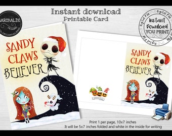 Printable Christmas Card, Instant download Christmas Card, Jack & Sally Christmas printable Card, Sandy Claus Believer Printable Card NBCH