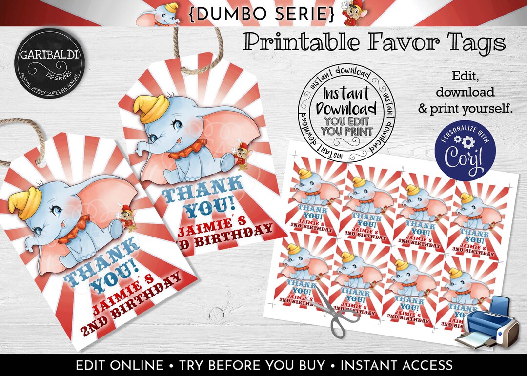 Editable Dumbo Favor Tags Dumbo Gift Tag Instant Download Dumbo Circus