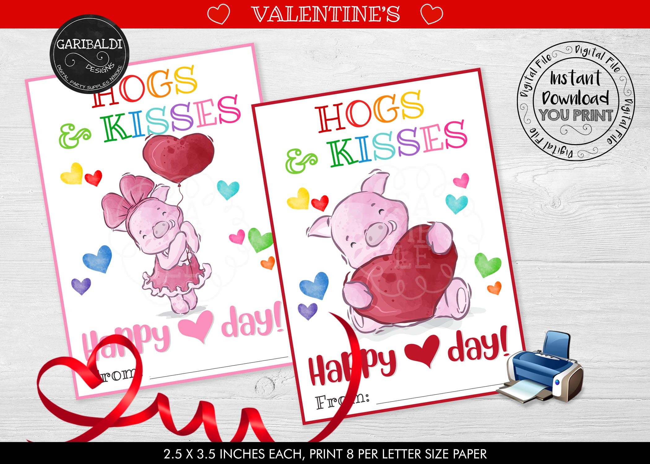 Instant Download Pig Valentine's Day Card Hogs and Kisses Valentine ...