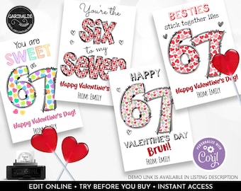 Editable 67 Valentine's Day Cards Valentines 67 Tag Kids Exchange Card Classroom School Friend Treat Gift Tags Instant Download Printable VL