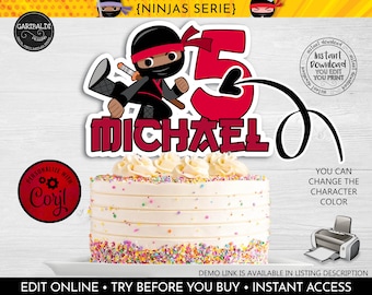 May include: A red and black ninja cake topper with the number 5 and the name Michael. The topper is on top of a white cake with colorful sprinkles. The text "You can change the character color" is also visible.