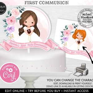 Editable First Communion Cake Topper, Printable First Communion Cake Decorations, Pink Flowers Girl First Holy Communion Party Supplies FC