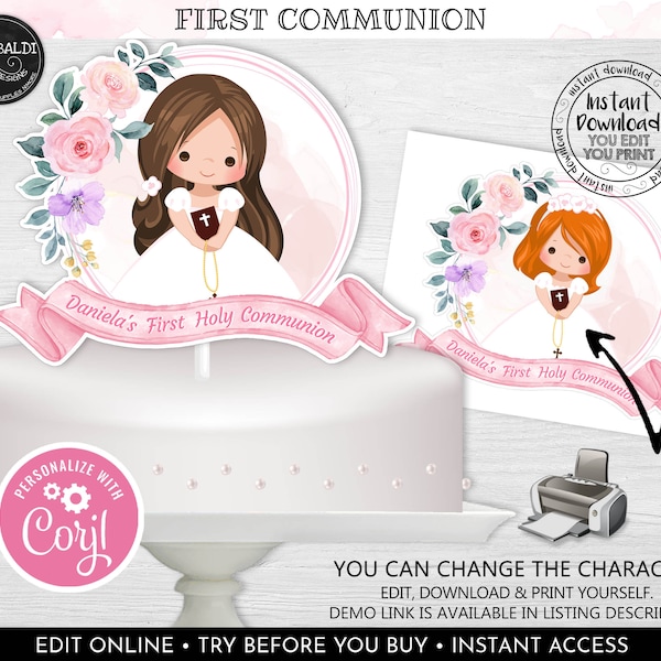 Editable First Communion Cake Topper, Printable First Communion Cake Decorations, Pink Flowers Girl First Holy Communion Party Supplies FC