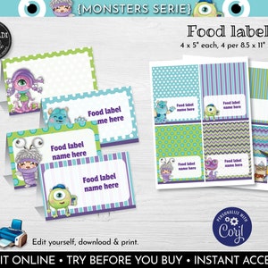 Editable Monsters Food Labels Instant Download Printable Monsters Food labels Monsters Place Cards Monsters Birthday Party Supplies MINC