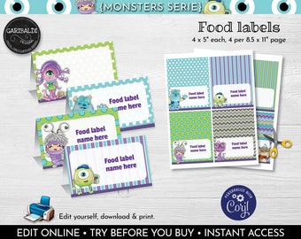 Editable Monsters Food Labels Instant Download Printable Monsters Food labels Monsters Place Cards Monsters Birthday Party Supplies MINC