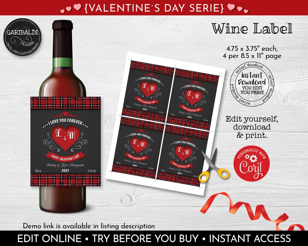 Editable Valentine Wine Labels, Instant Download Wine Labels, Printable ...