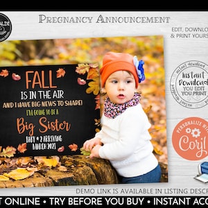 PRINTABLE Fall Pregnancy Announcement Fall is in the air Chalkboard Sign Autumn Pregnancy Photo Prop Big Brother Sister Poster Board TF PA