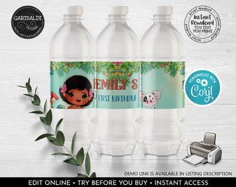 Editable Baby Moana Water Bottle Labels Moana Birthday Party Table Decorations Hawaiian Luau Polynesian download Digital Corjl Template MOA