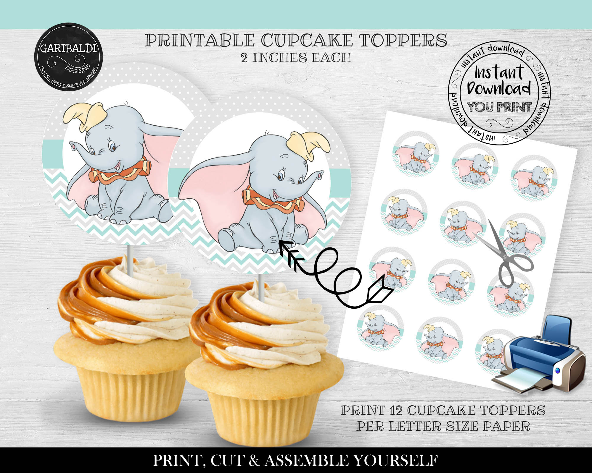Elephant Baby shower cupcake toppers Printable Dumbo Cupcake Toppers ...