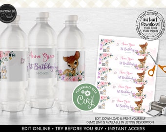 May include: Printable water bottle labels featuring a cute cartoon fawn with pink and purple flowers. The labels say "Anna Grace 1st Birthday" with a date. The labels are designed for a first birthday party.