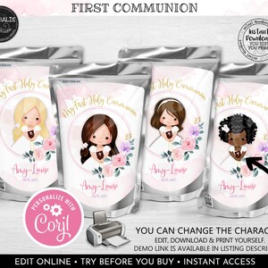 Editable First Communion Juice Pouch Labels Template, Pink First Communion Juice Box Labels, Printable Girl First Communion Party Labels FC