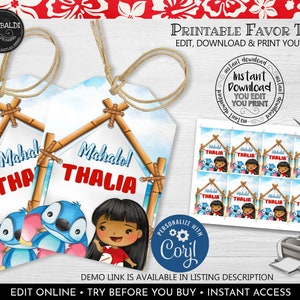 Editable Hawaiian Favor Tags Luau Gift Tag Instant Download Stitch Thank you Tags Hawaiian Birthday Party Supplies Luau Party Tags LSW