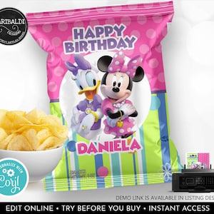 Editable Minnie and Daisy Chip Bags Wrapper Minnie&#39;s Bowtique Birthday Party Supplies Decorations Printable Party Favor Snack Wrappers BWQ