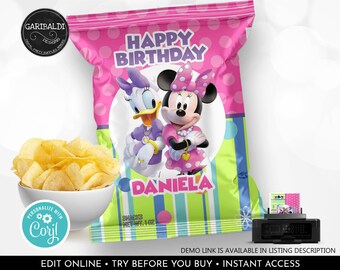Editable Minnie and Daisy Chip Bags Wrapper Minnie's Bowtique Birthday Party Supplies Decorations Printable Party Favor Snack Wrappers BWQ
