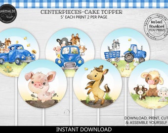 Printable Blue Truck Centerpieces Instant download Blue Truck Cake Topper Farm Animals Party Decorations Banyard Animals Party Supplies LBT