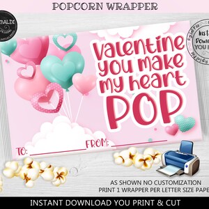 You make my heart pop Valentine&#39;s Day Popcorn Wrapper Printable Valentine&#39;s Day Microwave popcorn wrap Valentines day Party Favors VL