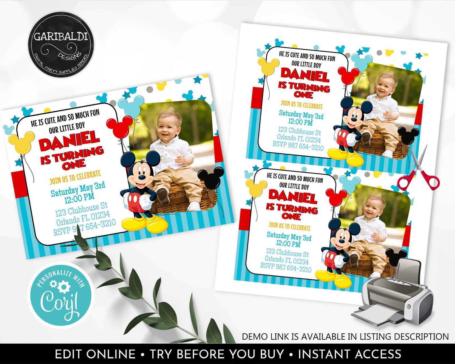 Editable Mickey Mouse Invitation Boy First Birthday Printable Photo ...