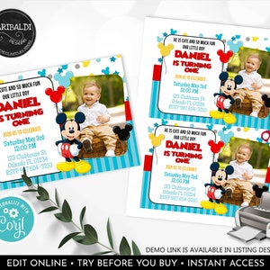 Editable Mickey Mouse Invitation Boy First Birthday Printable Photo ...