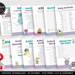 Instant download Monsters Baby Shower Games, Baby Bingo, The Price is Right, Guess Who, ABC Word Search, Baby Animals, How sweet it is MINC