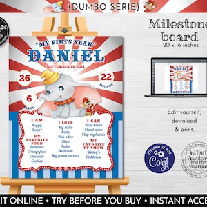 Editable Circus Birthday Milestone Sign, Dumbo Milestone Birthday Poster, Instant Download Dumbo Birthday Board, Dumbo Milestone Sign 1 DCHM