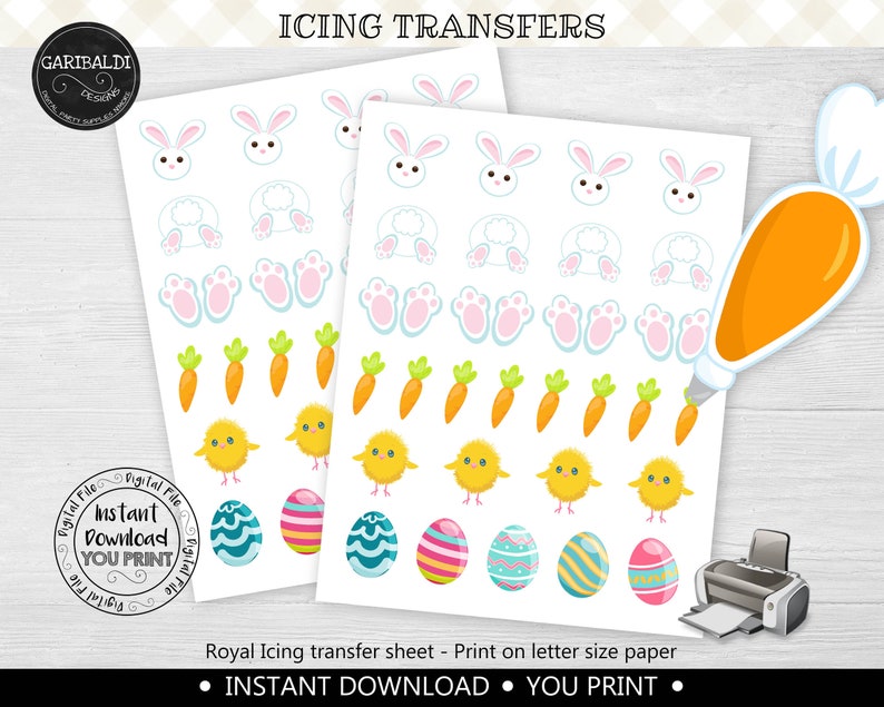 May include: Printable Easter-themed icing transfer sheets with images of bunnies, chicks, carrots, and eggs. The sheets are designed for use with royal icing and can be printed on letter-sized paper. The text on the sheet reads "Instant Download You Print".