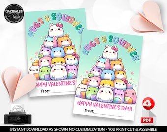 Squish Valentine's Day Cards Hugs and Shishes Valentines Gift Tags Classroom School Kids Valentines Day Squish Toy Tags Instant Download VL