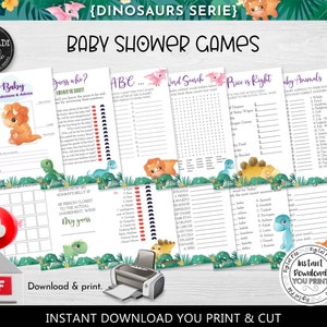 Instant Download Dinosaur Baby Shower Games Baby Bingo The Price is Right Guess Who ABC Word Search  Wishes Baby Animals Traits Greenery DW