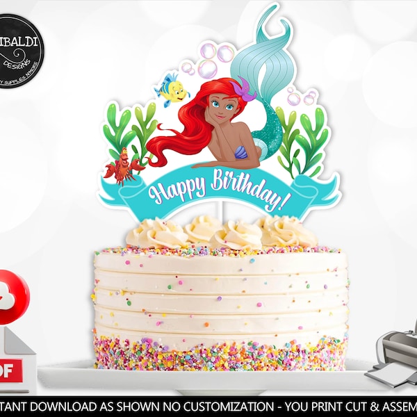 Little Mermaid Happy Birthday Cake Topper Printable Mermaid Centerpiece Instant Download Under the sea Mermaid Decoration Party Supplies DLM