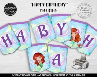 Happy Birthday Mermaid Pennant Banner Printable Under the sea Banner Mermaid Birthday Party Decorations Our Little Mermaid Party Supplies LM