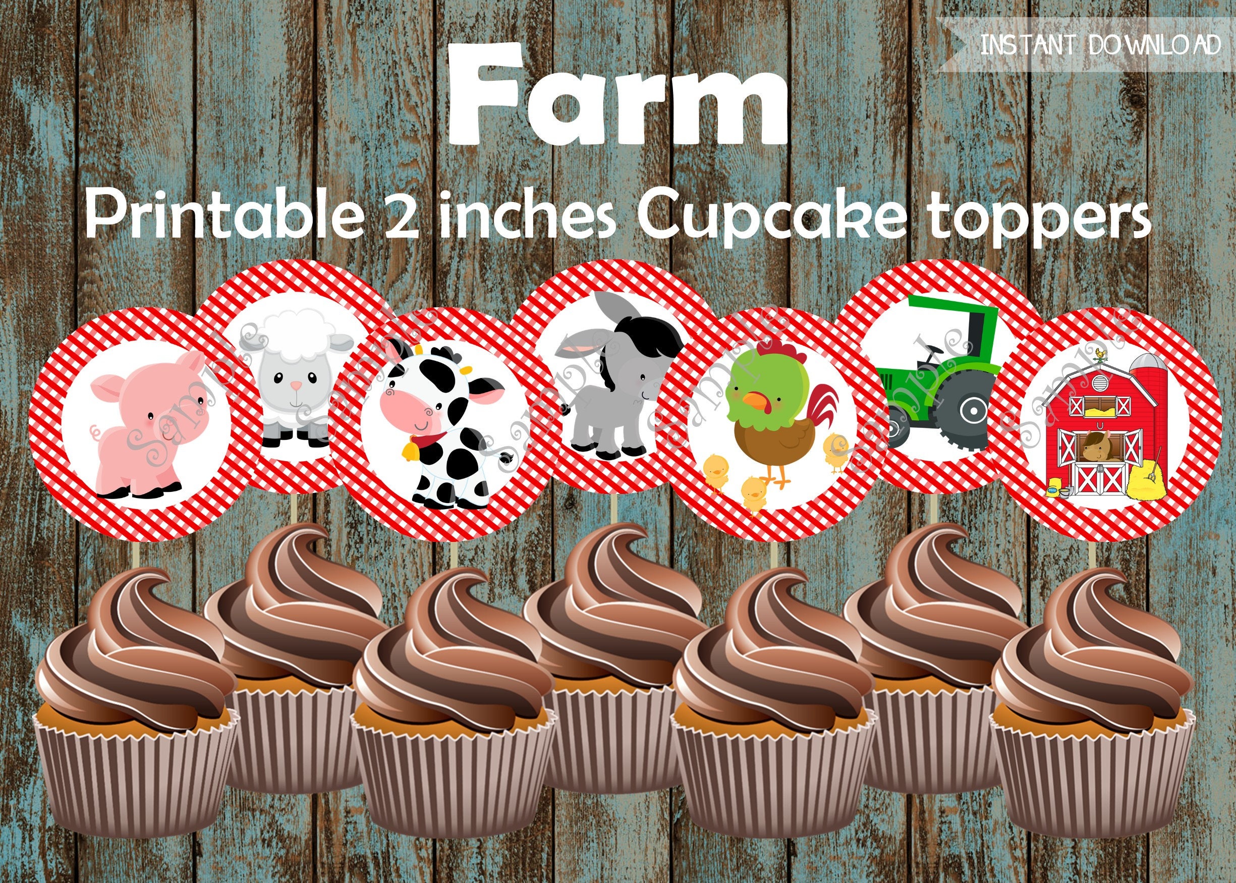 Farm Printable Cupcake Toppers Farm Party Supplies Farm Cake | Etsy