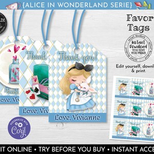 Alice in Wonderland Favor Tags, Editable Alice in Wonderland Gift Tags, Instant Download Alice in Wonderland Thank you Tags AWL1