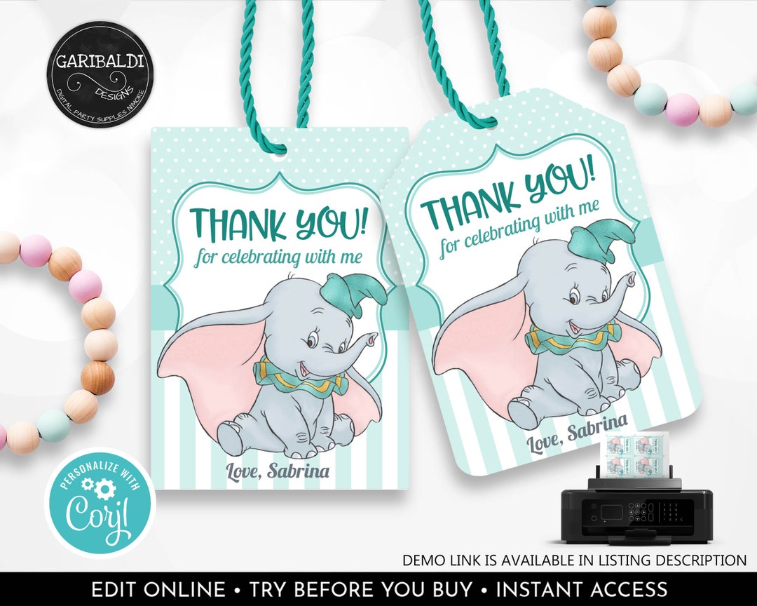 Dumbo Favor Tags Mint Baby Elephant Gift Labels Mint Dumbo Baby Shower ...
