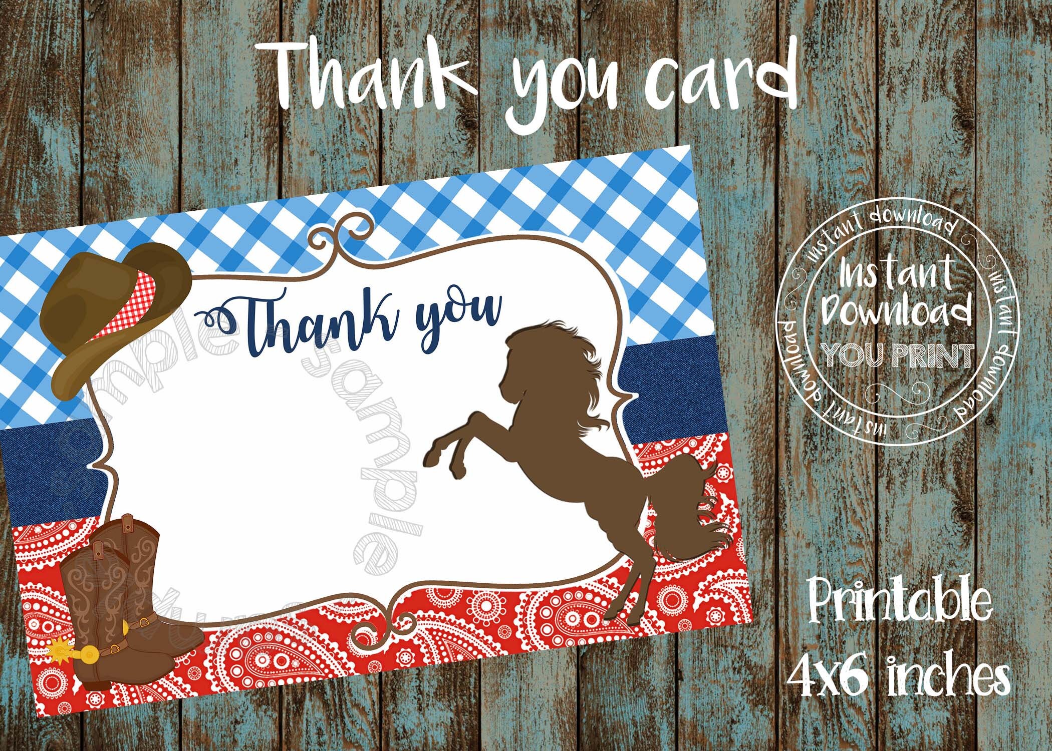 Printable Cowboy Thank you card Cowboy Birthday Thank you | Etsy